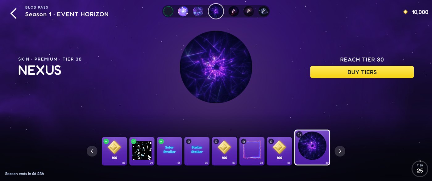 The Blob Pass on the Nexus skin, its tier, with the season's tiers in a row beneath it