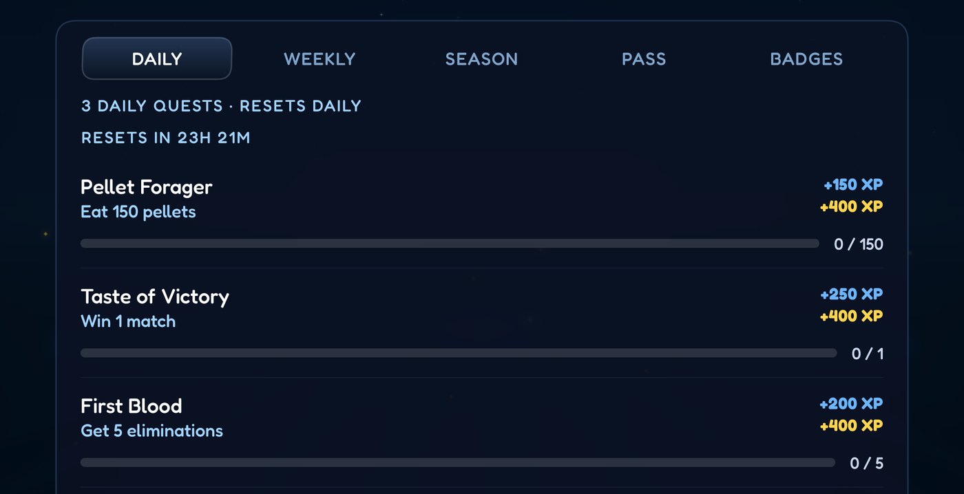The quests screen listing daily and weekly objectives with their rewards
